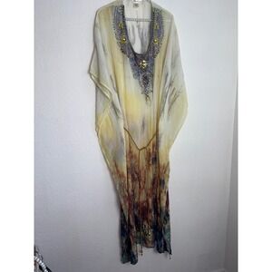 Lucky & coco Embellished Kaftan Maxi Dress semi sheer Tunic Beaded Yellow Print